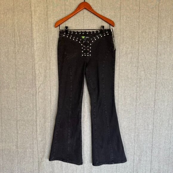 Forever 21 X Frankie and The Studs Studded Black Lace Up Low Rise Flare  Jeans - Picture 4 of 14